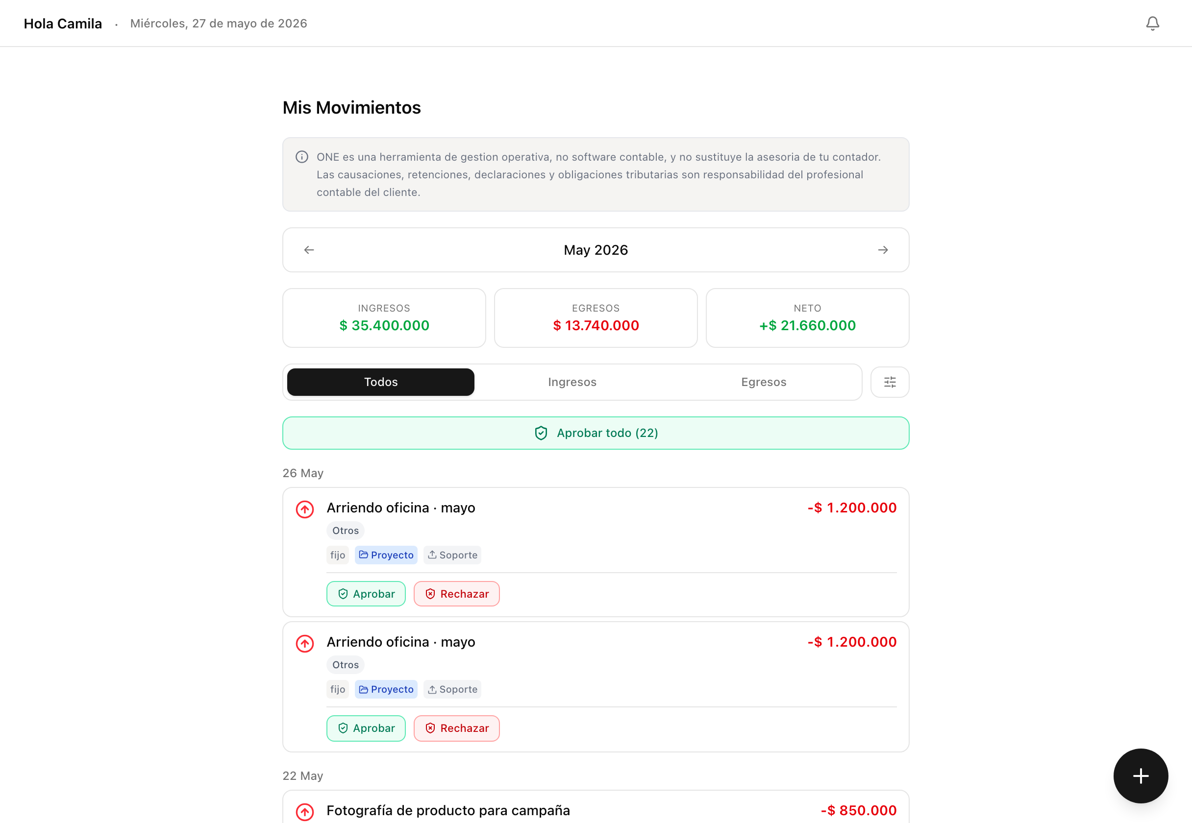 Vista Movimientos — gastos, cobros, horas